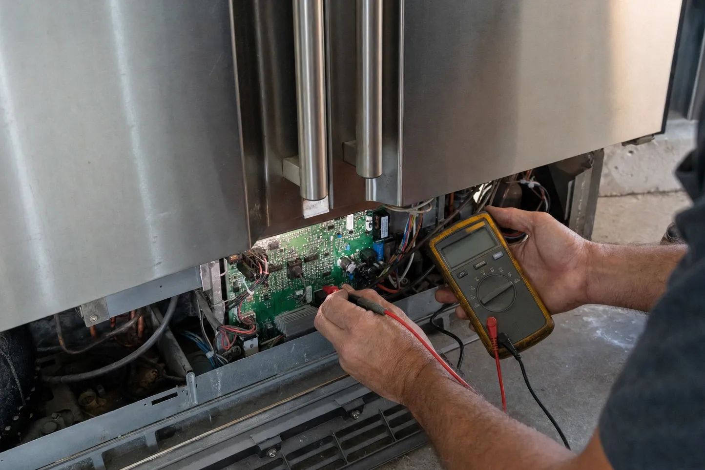 Hands holding a multimeter and probes against the control board exposed under the lower grille of a stainless built-in refrigerator
