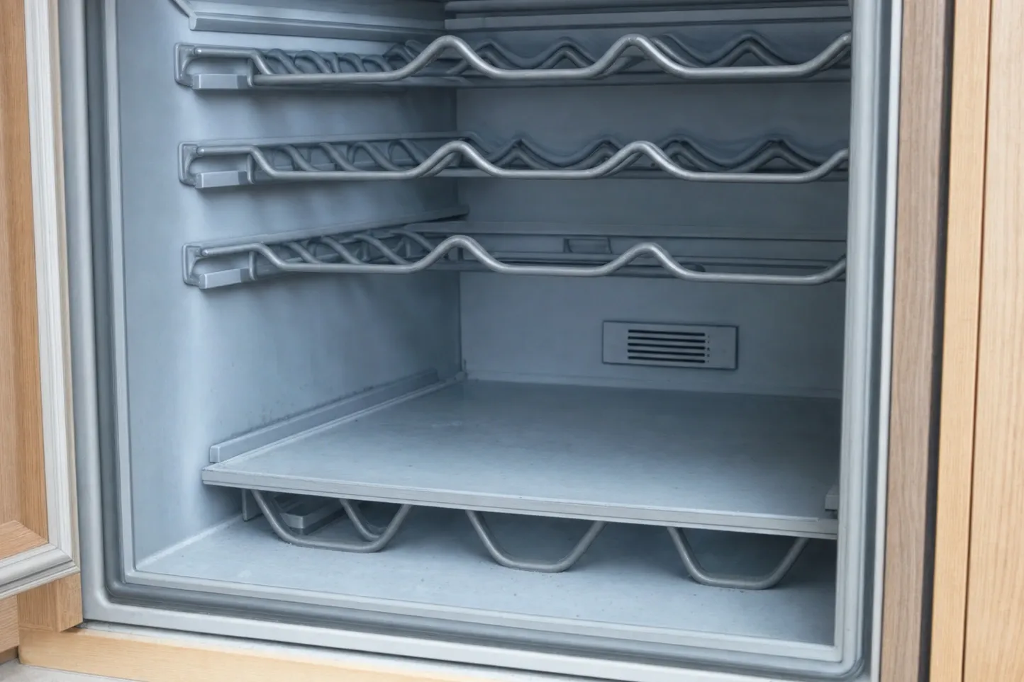 Empty undercounter wine-storage interior with three tiers of contoured metal bottle cradles and a vent grille on the rear wall