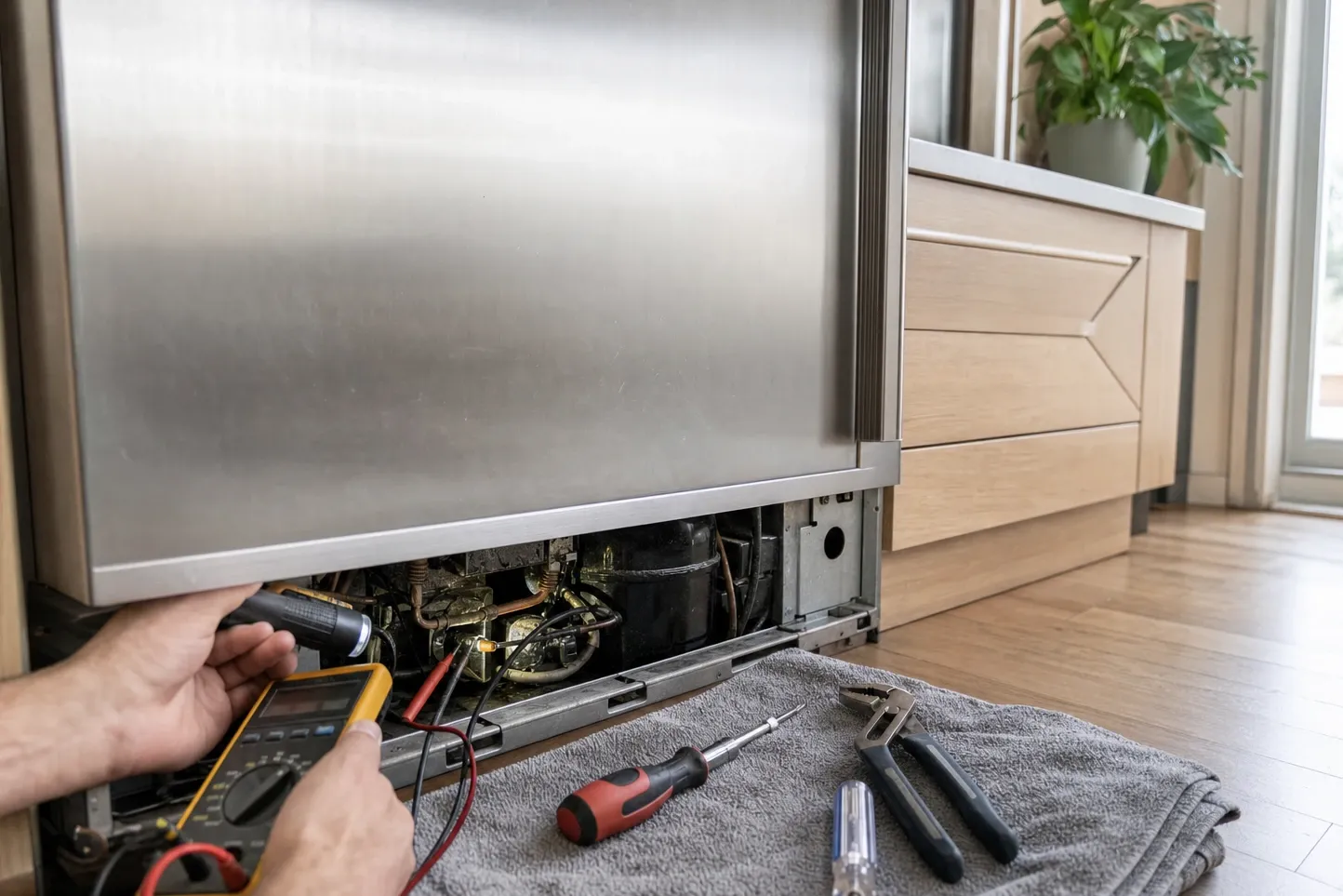 Hands with a flashlight and multimeter at the mechanical bay under a stainless built-in refrigerator, lower grille removed and hand tools on a towel