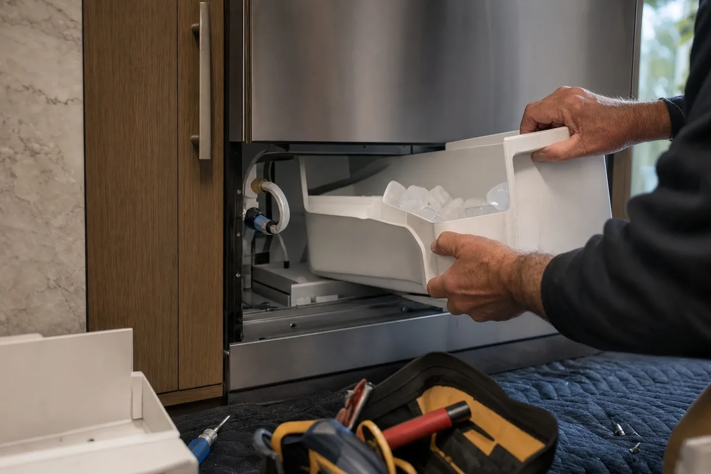 Hands lifting a bin of clear ice cubes out of an undercounter ice maker, the water line and shut-off fitting visible in the cavity