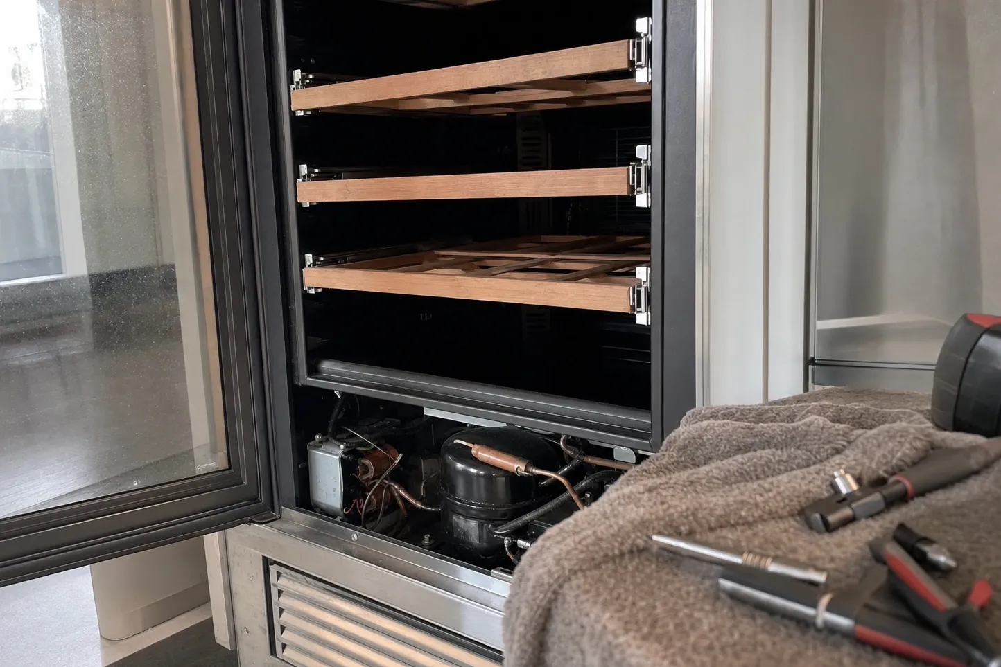 Undercounter wine cabinet with the glass door open on empty wooden bottle shelves, the compressor and copper lines exposed in the bay below