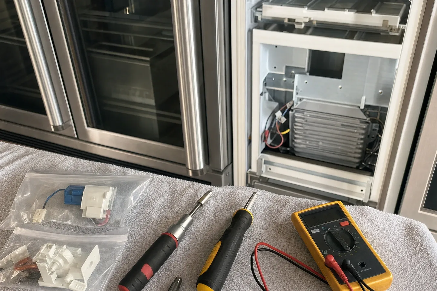 Two bagged replacement parts, nut drivers and a multimeter laid out on a towel in front of an open ice maker with its ice mould exposed