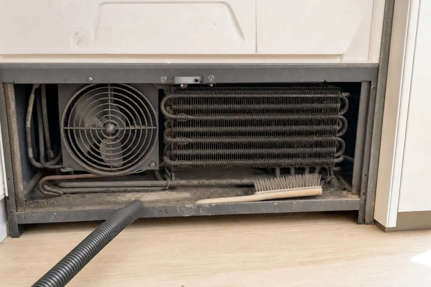 Condenser coil and fan caked in grey dust and lint behind a removed lower grille, coil brush and vacuum hose alongside